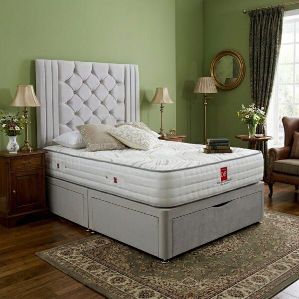 7 Regal Upholstered Divan Bed Set with Tall Button Tufted Headboard