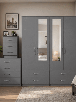 4 Door Mirrored Wardrobe with 4 Bottom Drawers