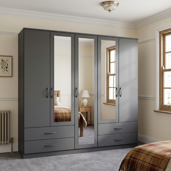 5-Door Wardrobe with Mixed Mirror Design