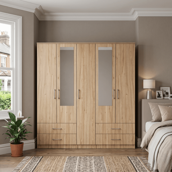 5-Door Wardrobe with Dual Half-Mirrors