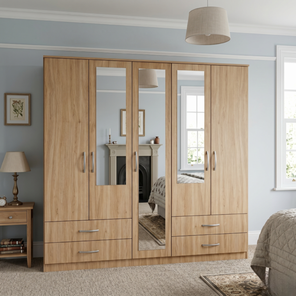 5-Door Wardrobe with Mixed Mirror Design